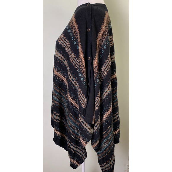 J Jill Black Brown Teal Fair Isle Aztec Poncho Pullover Sweater One Size - Picture 7 of 10